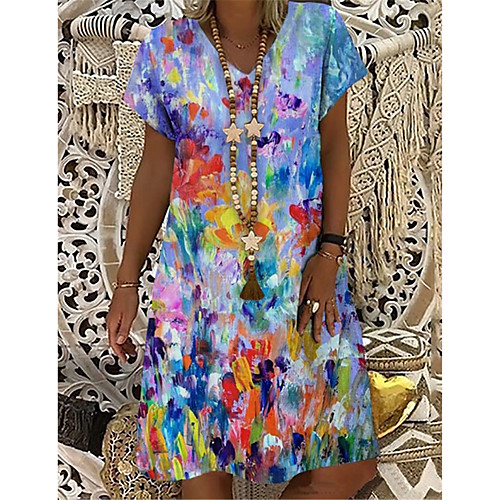 

Women's T Shirt Dress Tee Dress Knee Length Dress Blue Short Sleeve Floral Print Print Summer V Neck Casual Holiday 2021 S M L XL XXL 3XL