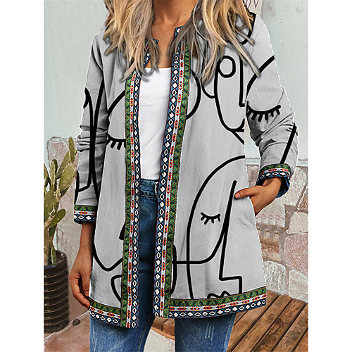 

Women's Coat Daily Spring & Fall Winter Regular Coat Regular Fit Casual Jacket Long Sleeve Portrait Print Gray / Holiday