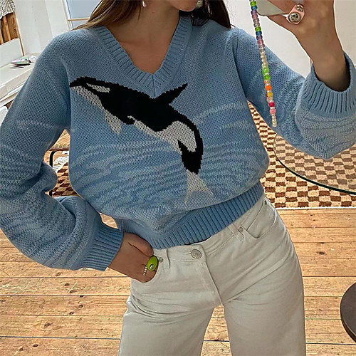 

Women's Animal Pullover Long Sleeve Sweater Cardigans V Neck Blue