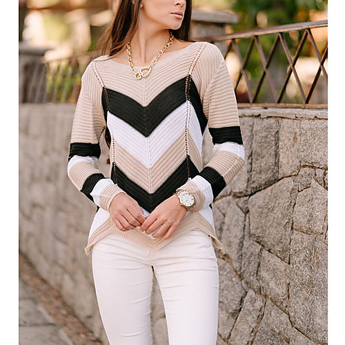 

Women's Casual Formal Style Stripes Pullover Sweater Long Sleeve Sweater Cardigans Round Neck Fall Winter Wine Red khaki Black