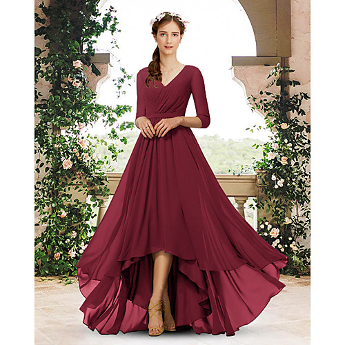 

A-Line V Neck Sweep / Brush Train / Asymmetrical Chiffon Bridesmaid Dress with Pleats