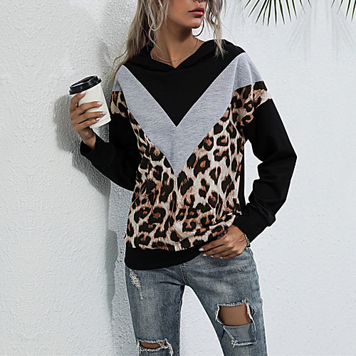 

Women's Hoodie Sweatshirt Color Block Leopard Print Casual Daily Sports Other Prints Sportswear Streetwear Hoodies Sweatshirts Black