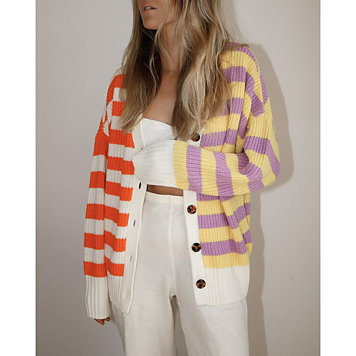 

Women's Casual Classic Style Stripes Cardigan Sweater Long Sleeve Sweater Cardigans V Neck Fall Winter Orange White Black