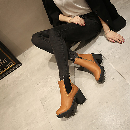 

Women's Boots Chunky Heel Round Toe Booties Ankle Boots PU Color Block Brown