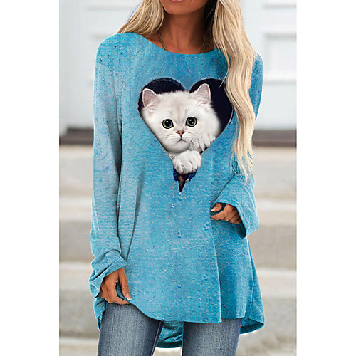 

Women's 3D Cat Painting T shirt Cat Heart 3D Long Sleeve Print Round Neck Basic Tops Blue