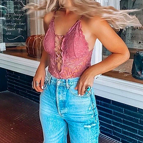 

Women's Sexy Home 2021 Dusty Rose Jumpsuit Flower Lace up Lace