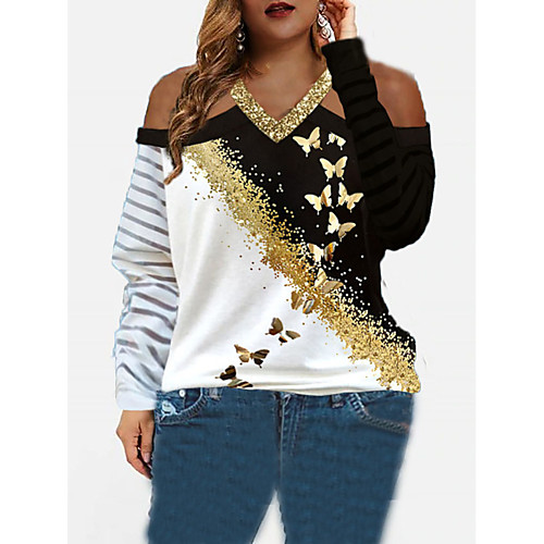 

Women's Plus Size Tops T shirt Stripes Long Sleeve Round Neck Casual Fall Spring Blue Red Wine Green Big Size L XL XXL 3XL 4XL