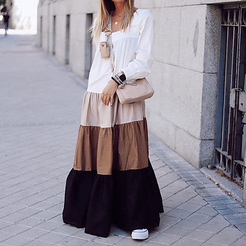 

Women's Swing Dress Maxi long Dress Blue White Long Sleeve Color Block Patchwork Summer Boat Neck Elegant Casual 2021 S M L XL XXL
