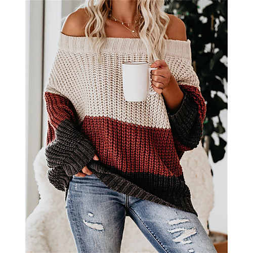 

Women's Stripes Cardigan Long Sleeve Sweater Cardigans Off Shoulder Blue Blushing Pink White