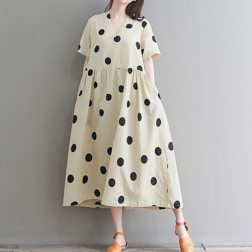 

Women's Shift Dress Midi Dress Beige Short Sleeve Polka Dot Print Summer V Neck Casual 2021 S M L XL XXL / Cotton