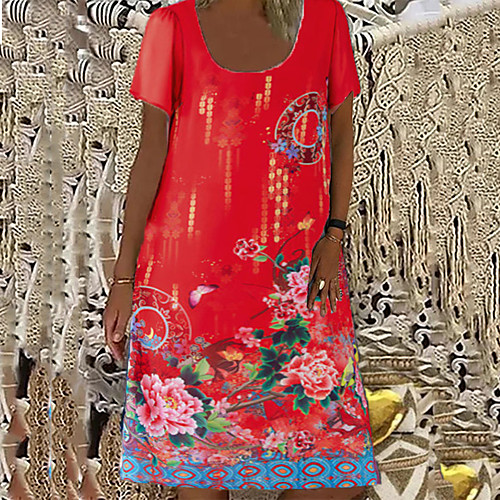 

Women's T Shirt Dress Tee Dress Knee Length Dress Red Short Sleeve Floral Scenery Print Spring Summer Round Neck Ethnic Vintage Boho Holiday Retro L XL XXL 3XL 4XL / Beach