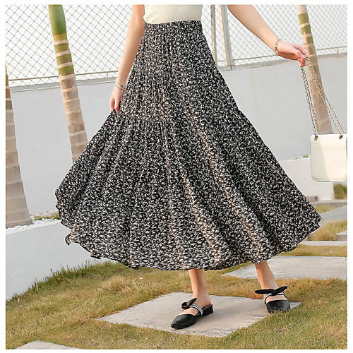 

Women's Going out Weekend Basic Streetwear Ankle-Length Skirts Floral / Botanical Tulle Ruffle Print Yellow Black Red
