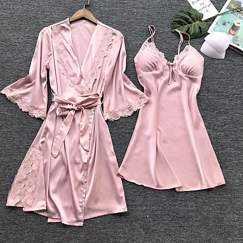 

Women's Robes Suits Mesh Lace Bow Patchwork Jacquard Silk Spandex Casual Deep V Daily Wear Home Lace Up Belt Included / Strap / 2 Pieces / Super Sexy / Strap
