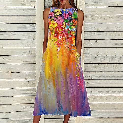 

Women's A Line Dress Midi Dress Yellow Sleeveless Floral Color Gradient Pocket Print Summer Round Neck Casual 2021 S M L XL XXL 3XL
