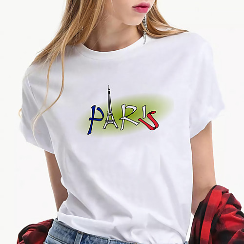 

Women's Painting T shirt Paris Le Coq Gaulois La Tour Eiffel Print Round Neck Basic Tops Cotton Blue Green White