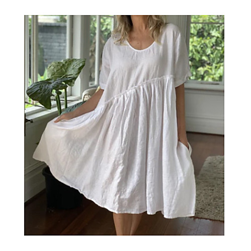 

Women's A Line Dress Knee Length Dress White Short Sleeve Solid Color Summer Casual 2021 S M L XL XXL