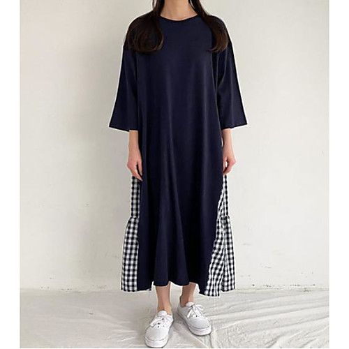 

Women's T Shirt Dress Tee Dress Maxi long Dress Blue Gray Black 3/4 Length Sleeve Plaid / Check Solid Color Spring Summer Casual 2021 M L XL 2XL