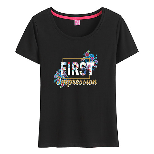 

Women's Floral Theme Painting T shirt Floral Text Print Round Neck Basic Tops Cotton Blushing Pink White Black
