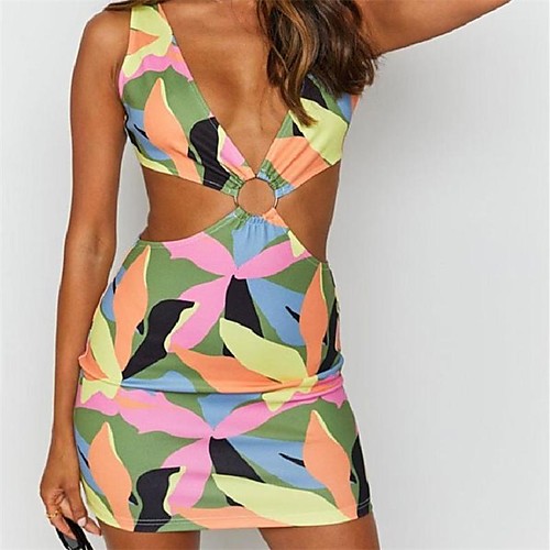 

Women's Two Piece Dress Short Mini Dress Rainbow Sleeveless Abstract Hollow To Waist Print Summer V Neck Casual Holiday 2021 S M L XL