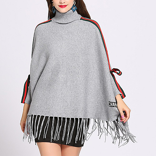 

Women's Cloak / Capes Daily Fall & Winter Regular Coat Turtleneck Loose Basic Jacket Long Sleeve Solid Colored Tassel Fringe Gray Khaki / Batwing Sleeve