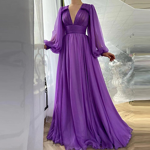 

Women's A Line Dress Maxi long Dress Purple Long Sleeve Solid Color Modern Style All Seasons V Neck Elegant Gentle 2021 S M L XL