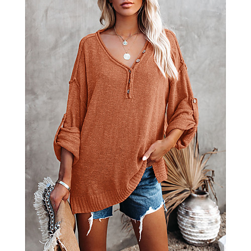 

Women's Solid Color Pullover Long Sleeve Sweater Cardigans V Neck Light Blue Brick red White