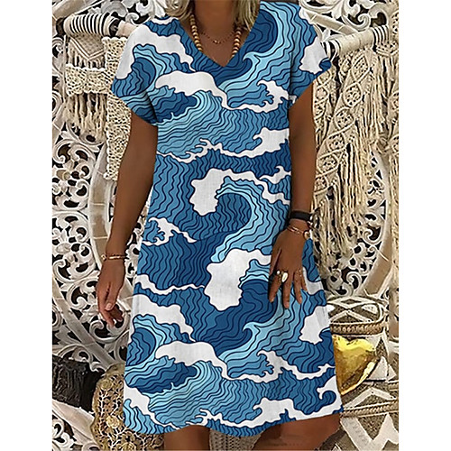 

Women's T Shirt Dress Tee Dress Knee Length Dress Blue Short Sleeve Print Print Summer V Neck Casual 2021 S M L XL XXL 3XL