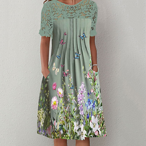 

Women's A Line Dress Knee Length Dress Green Short Sleeve Floral Pocket Print Summer Round Neck Casual 2021 S M L XL XXL