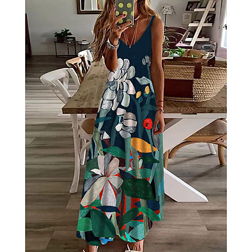 

Women's A Line Dress Maxi long Dress Blue Sleeveless Floral Print Print Summer V Neck Casual Holiday 2021 S M L XL XXL 3XL