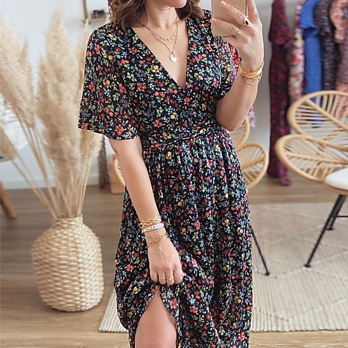 

Women's Swing Dress Maxi long Dress Black Short Sleeve Flower Spring Summer V Neck Backless Casual 2021 S M L XL XXL