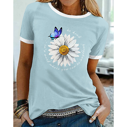 

Women's Floral Theme Butterfly Painting T shirt Butterfly Text Daisy Print Round Neck Basic Tops Blue Purple Black