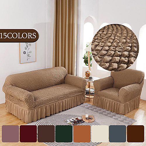 

Plain Stripe Pattern Sofa Cover Seersucker Skirt Sofa Cover for Living Room Elastic Couch Cover Sofa Slipcover 1/2/3/4 Seater Dust-Proof Non-Slip