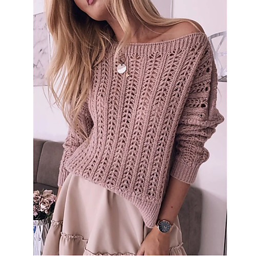 

Women's Casual Solid Color Pullover Sweater Long Sleeve Sweater Cardigans Wide collar Fall Spring Lake blue lotus root starch White gray