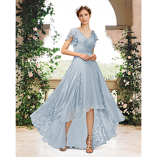 

A-Line V Neck Floor Length Chiffon / Lace Bridesmaid Dress with Pleats