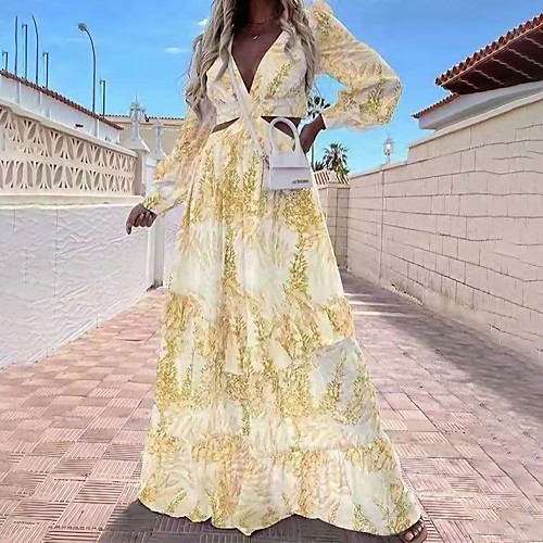 

Women's A Line Dress Maxi long Dress Blue Purple Yellow Green Long Sleeve Floral Ruffle Hollow To Waist Print Fall V Neck Casual 2021 S M L XL XXL 3XL