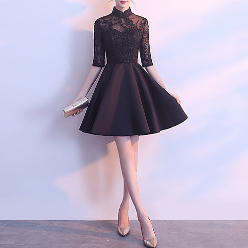 

A-Line Chinese Style Vintage Party Wear Cocktail Party Dress Stand Collar Half Sleeve Short / Mini Satin Tulle with Pleats Pattern / Print 2021