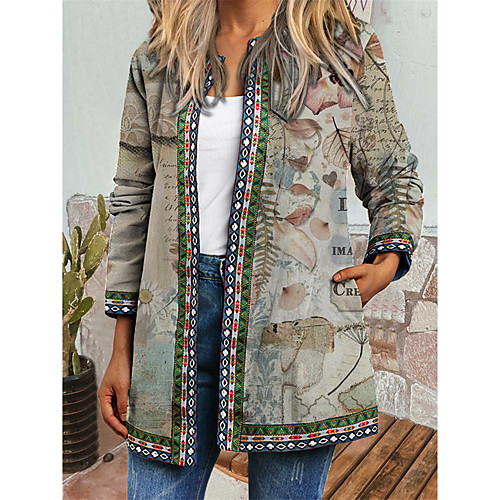 

Women's Coat Daily Spring & Fall Winter Regular Coat Regular Fit Casual Jacket Long Sleeve Plants Print Khaki / Holiday