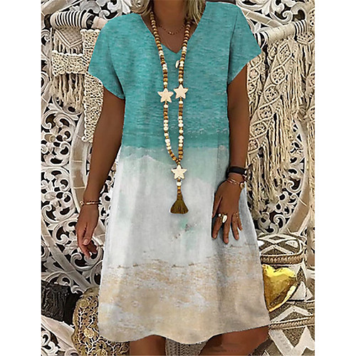 

Women's T Shirt Dress Tee Dress Knee Length Dress Blue Short Sleeve Print Color Gradient Print Summer V Neck Casual 2021 S M L XL XXL 3XL
