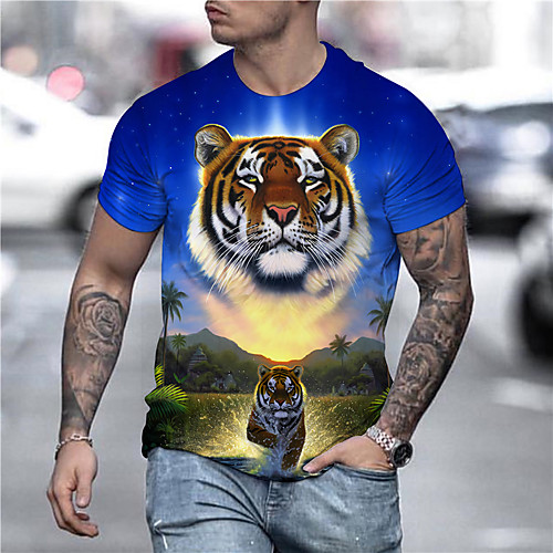 

Men's Unisex Tee T shirt Shirt 3D Print Graphic Prints Tiger Print Short Sleeve Daily Tops Casual Designer Big and Tall Blue