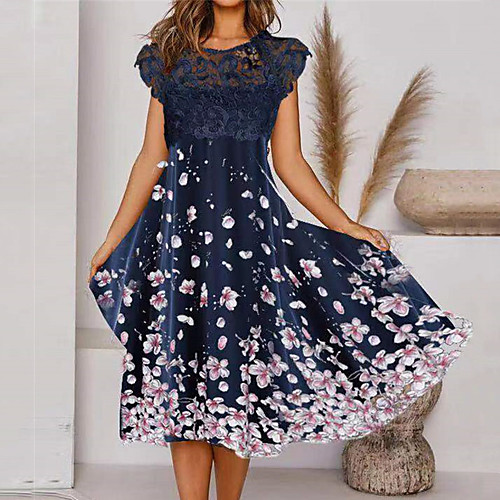 

Women's A Line Dress Knee Length Dress Navy Blue Short Sleeve Floral Print Summer Round Neck Casual 2021 S M L XL XXL 3XL