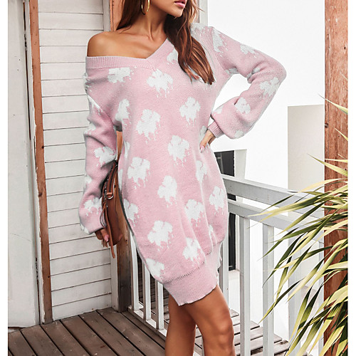 

Women's Shift Dress Short Mini Dress Light Blue Blushing Pink Gray Long Sleeve Print Modern Style Fall Winter V Neck Casual 2021 S M L