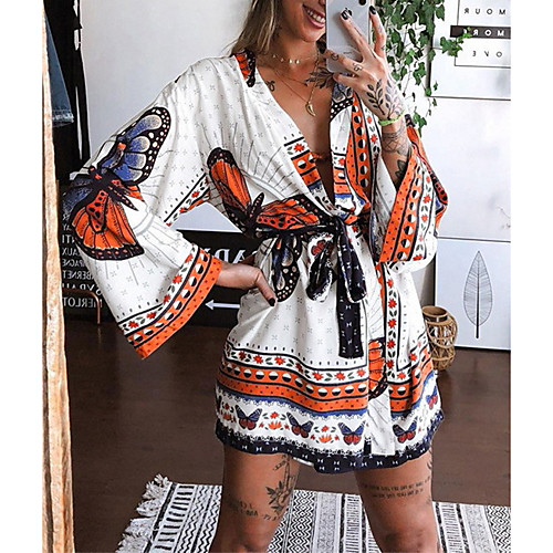 

Women's Swing Dress Short Mini Dress Sapphire Green White Long Sleeve Multi Color Butterfly Front Cross Spring Summer V Neck Bohemian Style Casual Holiday 2021 S M L XL XXL
