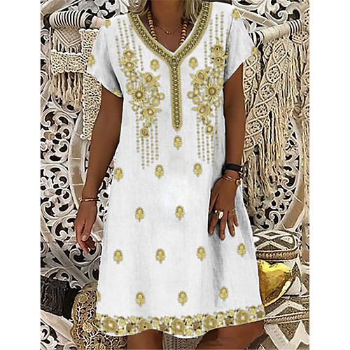 

Women's T Shirt Dress Tee Dress Knee Length Dress White Short Sleeve Floral Print Print Summer V Neck Casual 2021 S M L XL XXL 3XL