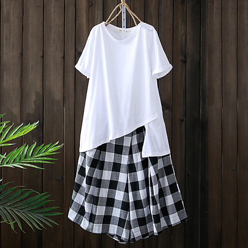 

Women's Plus Size Tops Set T shirt Plaid Short Sleeve Crewneck Basic Summer White Black Big Size L XL XXL 3XL