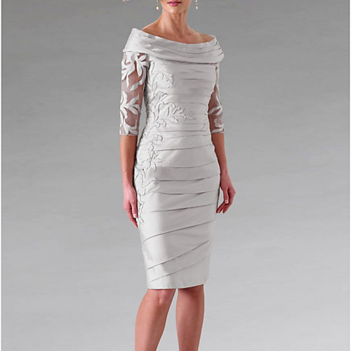 

Sheath / Column Mother of the Bride Dress Elegant Off Shoulder Knee Length Taffeta Half Sleeve with Appliques Ruching 2021