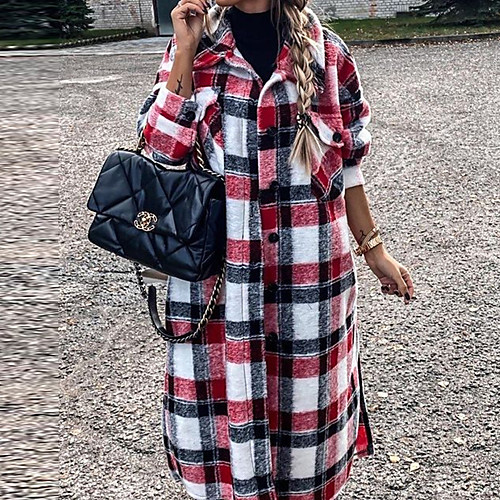 

Women's Faux Fur Coat Going out Fall Winter Long Coat Shirt Collar Loose Streetwear Jacket Long Sleeve Plaid Print Black Red