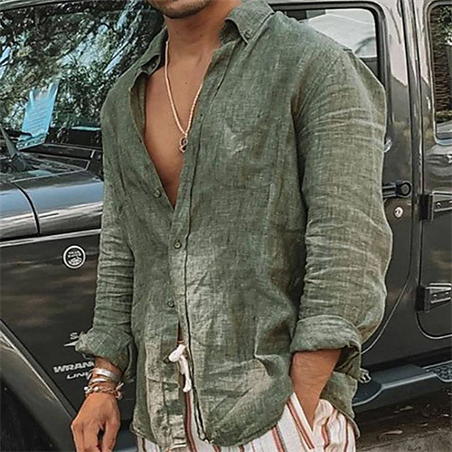 

Men's Shirt Solid Color Long Sleeve Casual Tops Casual V Neck Green Beige