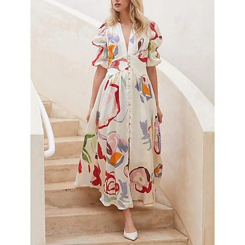 

Women's Swing Dress Maxi long Dress White Half Sleeve Multi Color Button Spring Summer Deep V Elegant Puff Balloon 2021 S M L XL