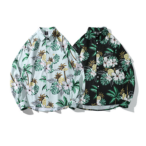 

Men's Shirt Other Prints Graphic Tropical Button-Down Print Long Sleeve Casual Tops Basic White Black