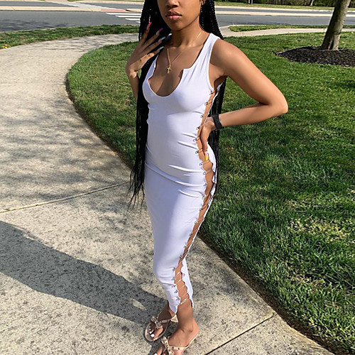 

Women's Strap Dress Maxi long Dress White Black Sleeveless Solid Color Patchwork Spring Summer V Neck Sexy 2021 S M L XL